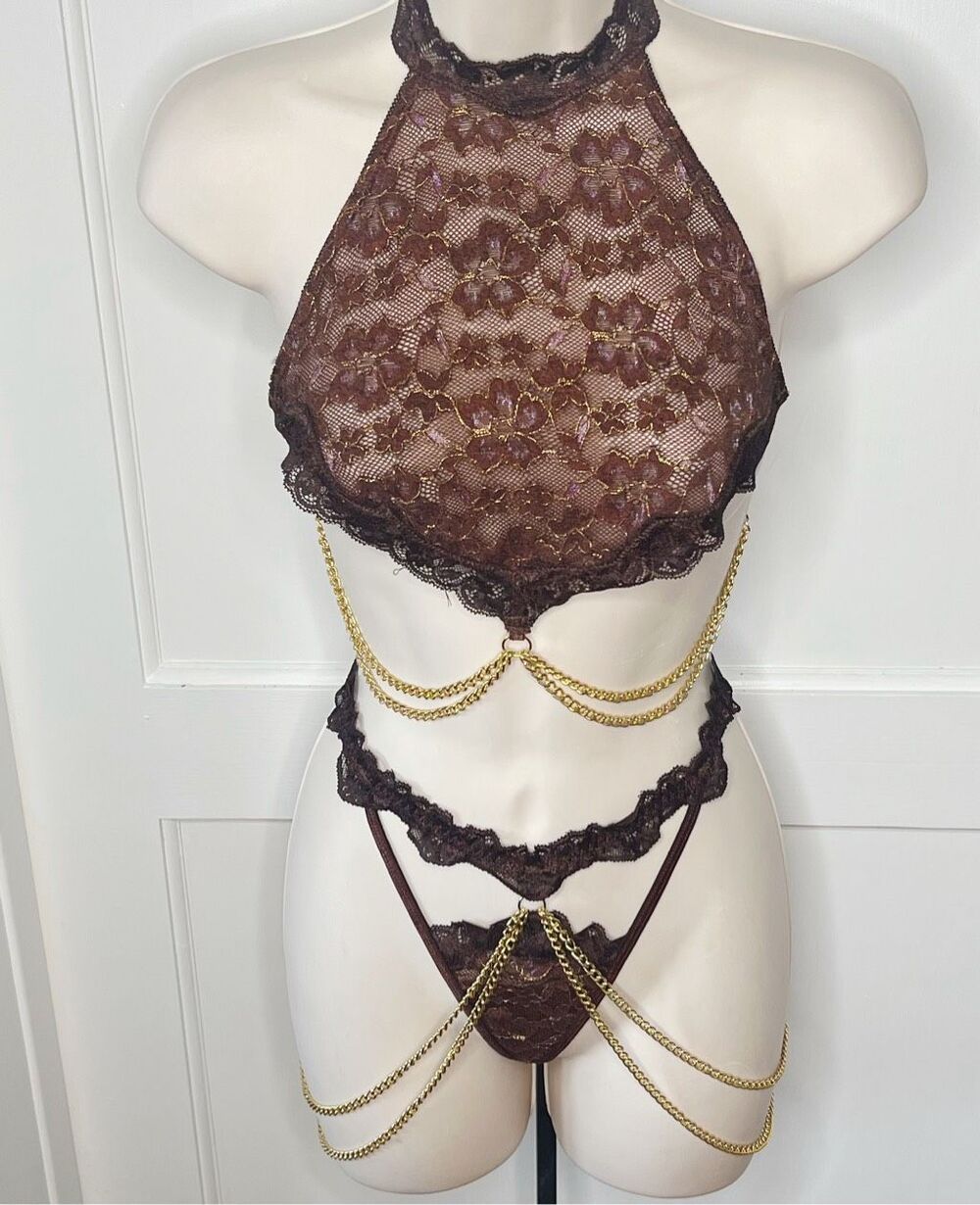 Dreamgirl Espresso Lace Chain Bra Set Nwot One Size
